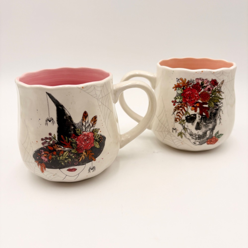 Spectrum Halloween Mug Set Witch and Floral Skull Pink Interior Scalloped